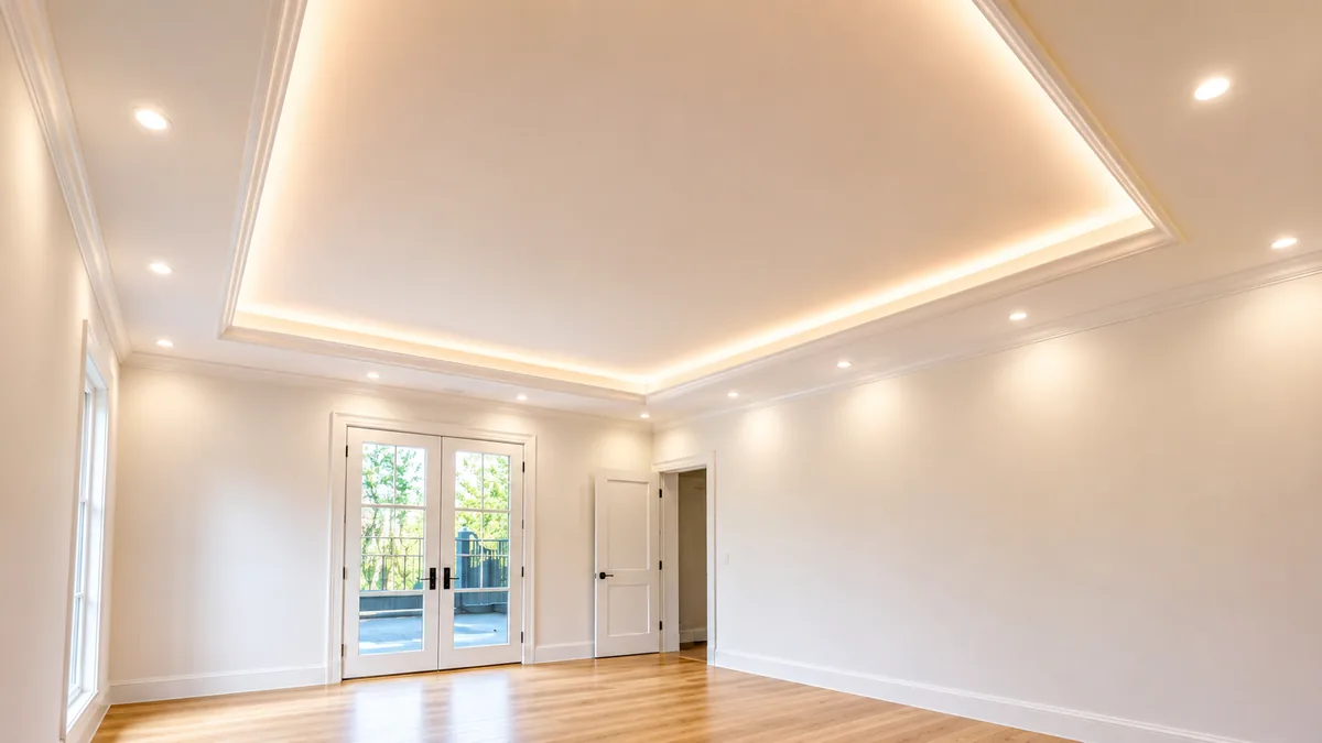 Primary bedroom with tray ceiling, perimeter cove lighting, and trimless recessed downlights