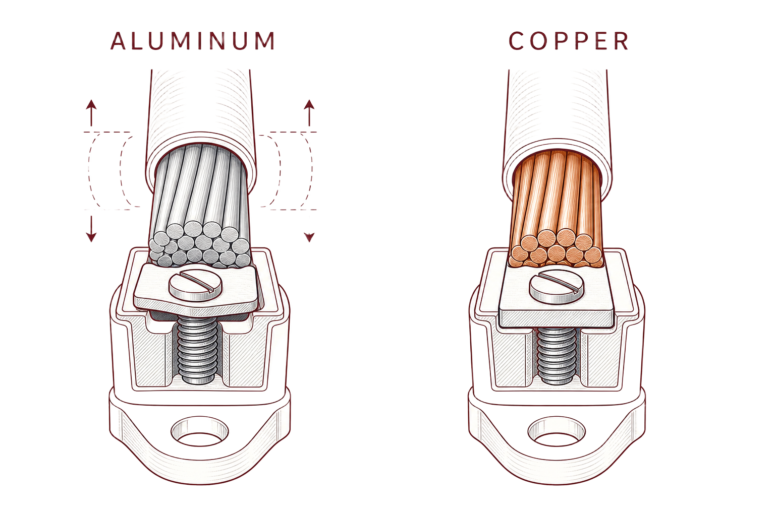 Cross-section diagram comparing aluminum and copper branch-circuit wiring at the terminal connection
