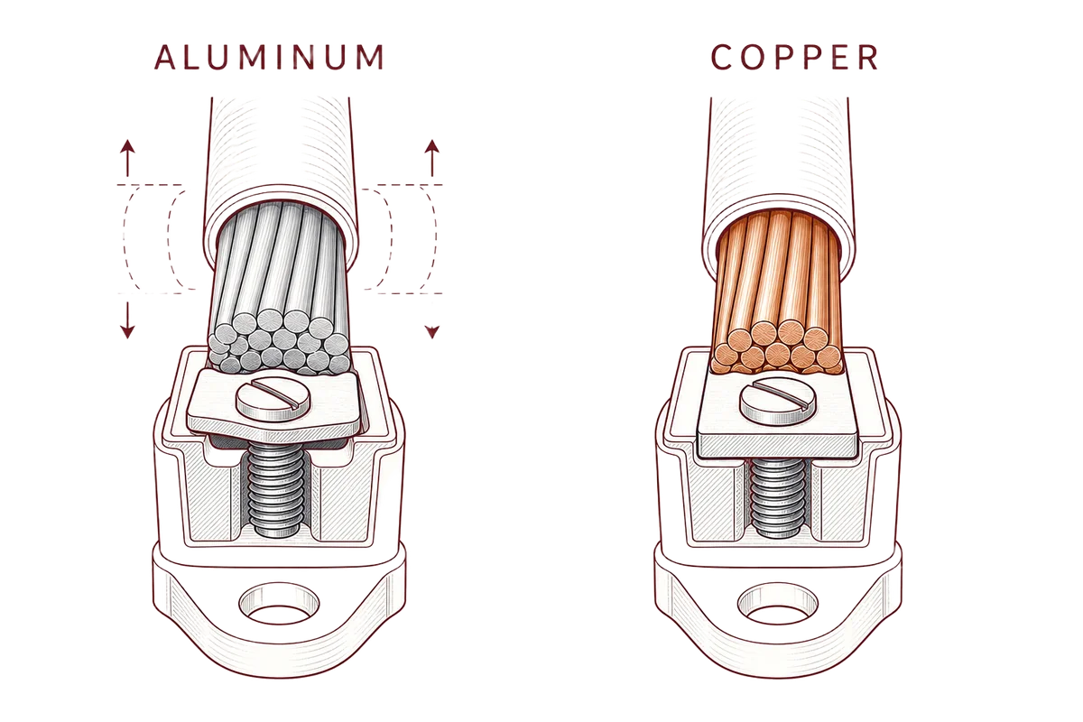 Cross-section diagram comparing aluminum and copper branch-circuit wiring at the terminal connection