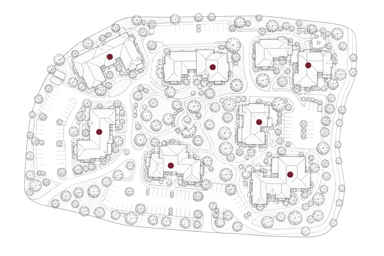 Stylized site-plan map of multi-unit condominium communities served by Pirro Electric in the DMV