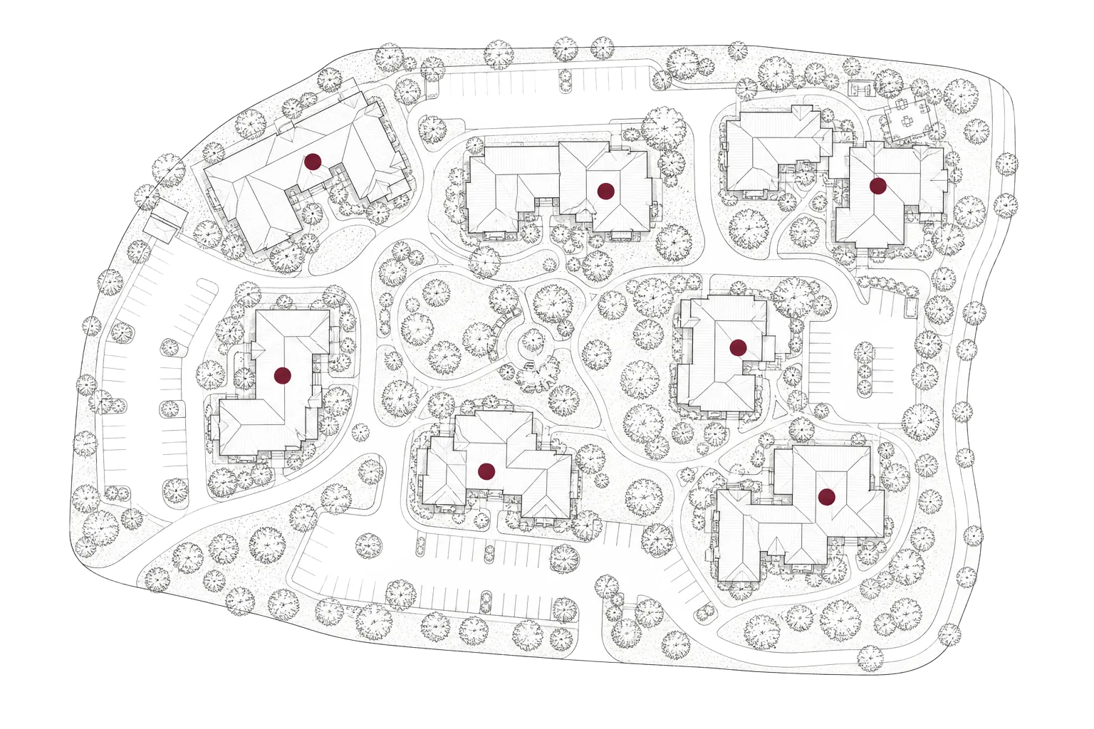 Stylized site-plan map of multi-unit condominium communities served by Pirro Electric in the DMV