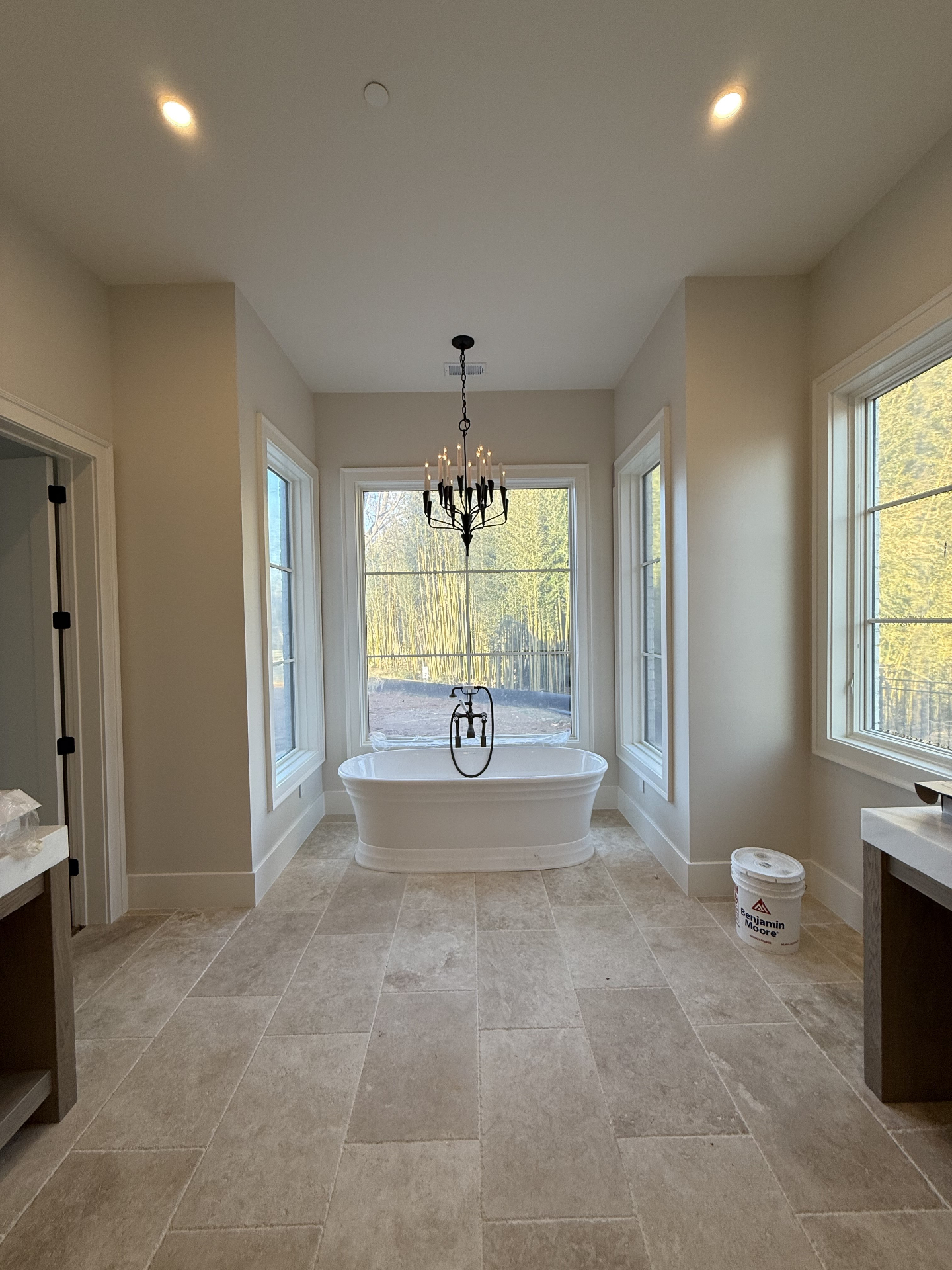 Bathroom chandelier and recessed lighting installation