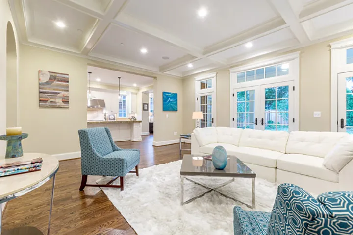 Living room recessed lighting with coffered ceiling