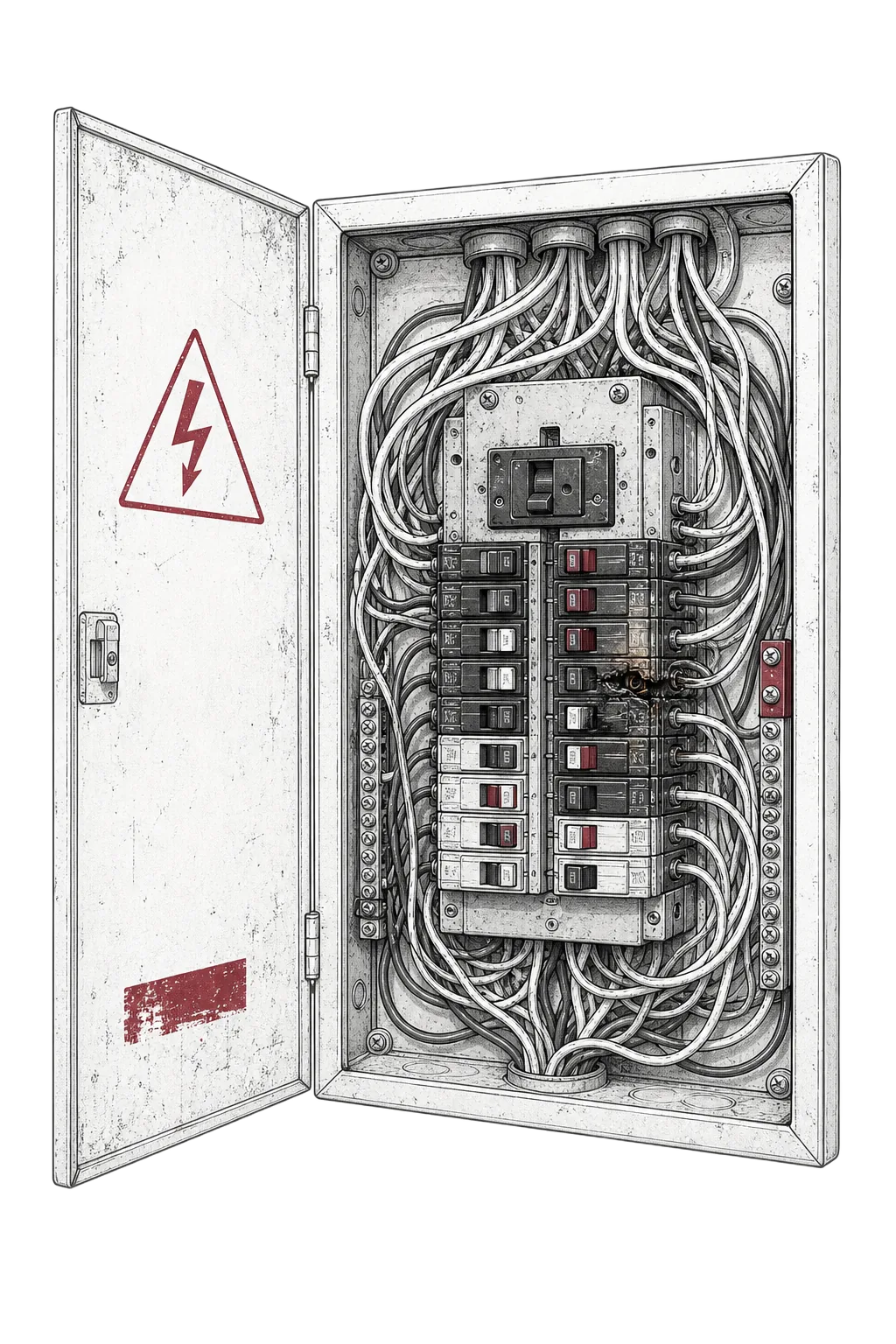 1970s Federal Pacific panel with tangled aluminum branch-circuit wiring before remediation