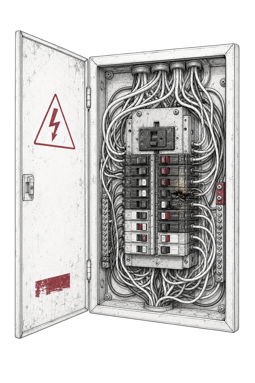 1970s Federal Pacific panel with tangled aluminum branch-circuit wiring before remediation
